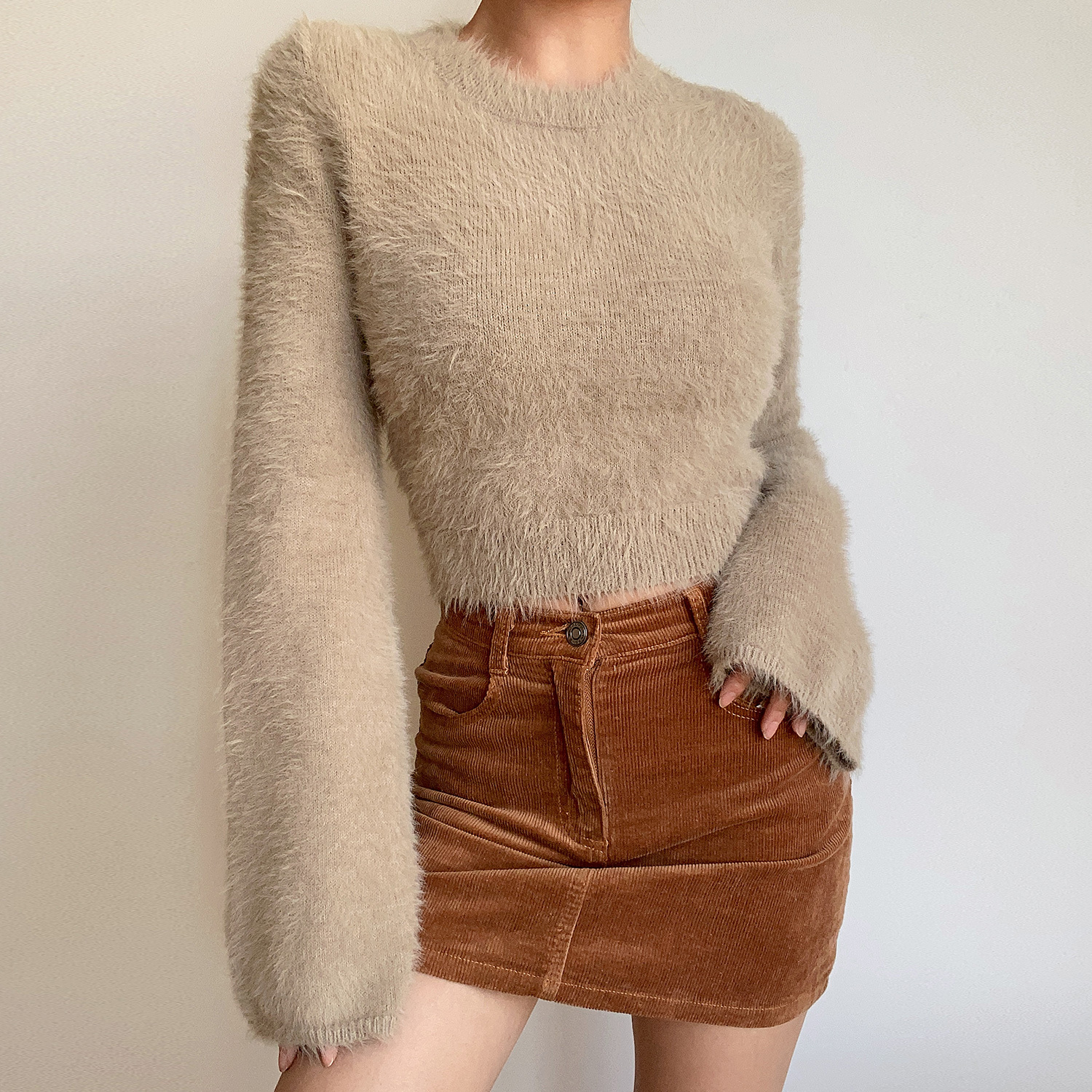 Autumn Winter Retro Round Neck Fluffy Knit Top with Short Flare Sleeves - Solid Color High Waist Pullover for Cozy Style