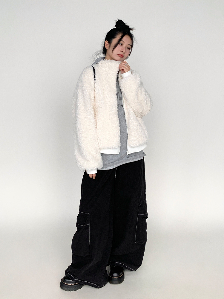 Autumn Winter Short-Haired Lamb Wool Coat - Loose Stylish Warm Stand-Up Collar Outerwear