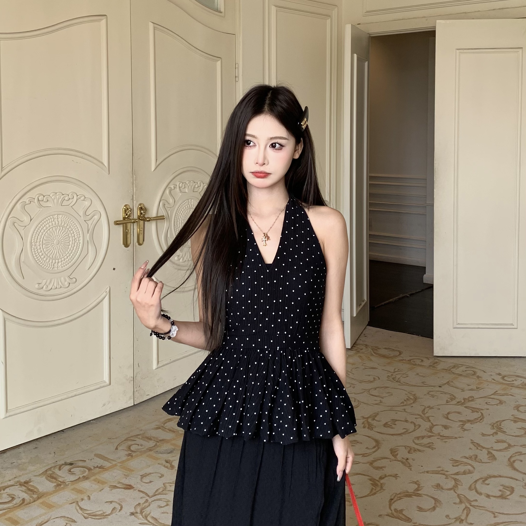 Backless Polka Dot Halter Top for Women - Elegant Slim Fit Sleeveless Summer Shirt