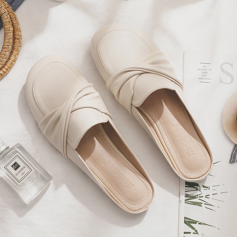 Backless Sheepskin Summer Slippers for Women - Flat Outdoor Loafers with Round Toe Design - Trendy Casual Footwear
