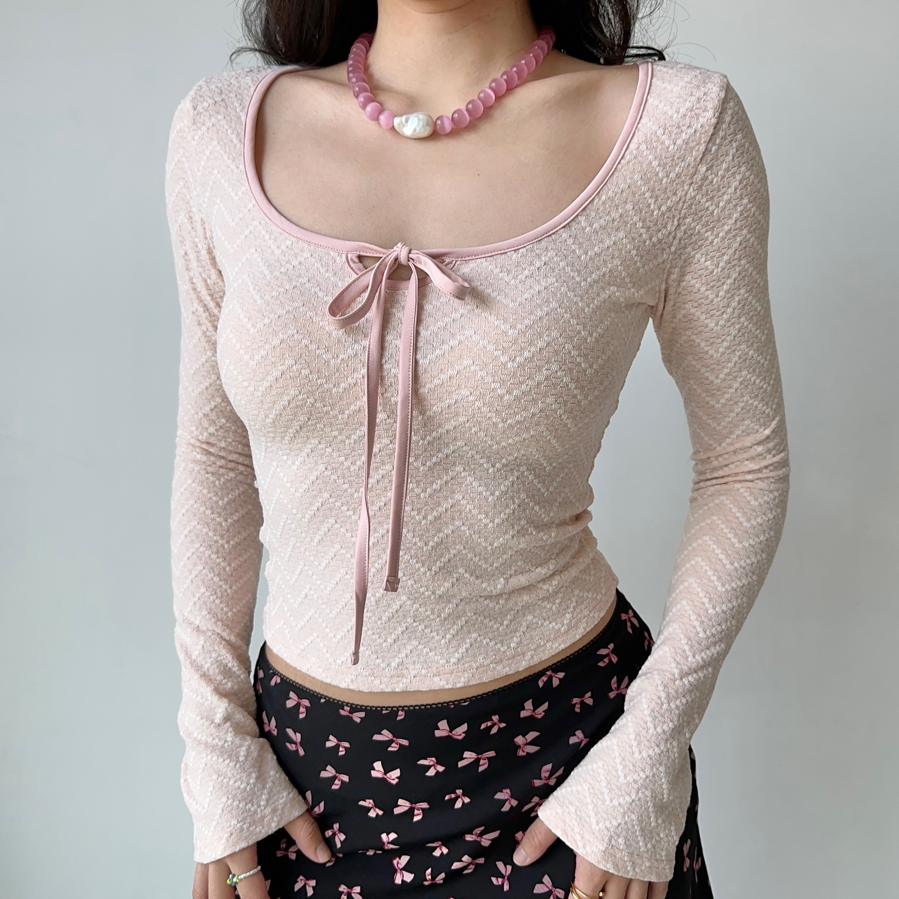 Ballet Style Bow U-Neck Long Sleeve T-Shirt for Women - Slim Fit Short Top, Perfect for Y2K and 90s Fashion Lovers