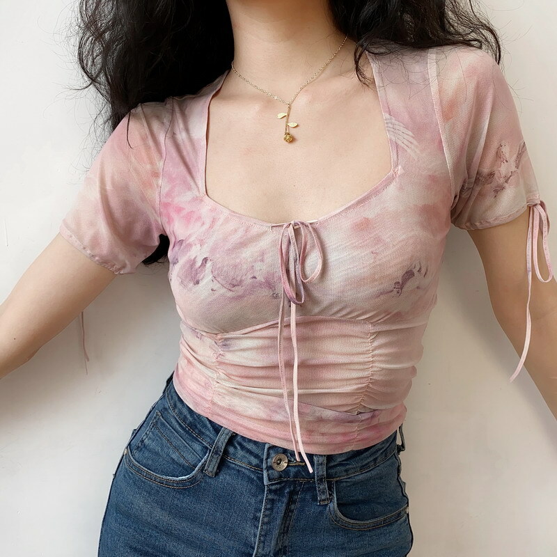 Ballet Style Dreamy Printed Mesh Sheer Bow Pleated Short Sleeve T-shirt for Women - Y2K Fashion Essentials