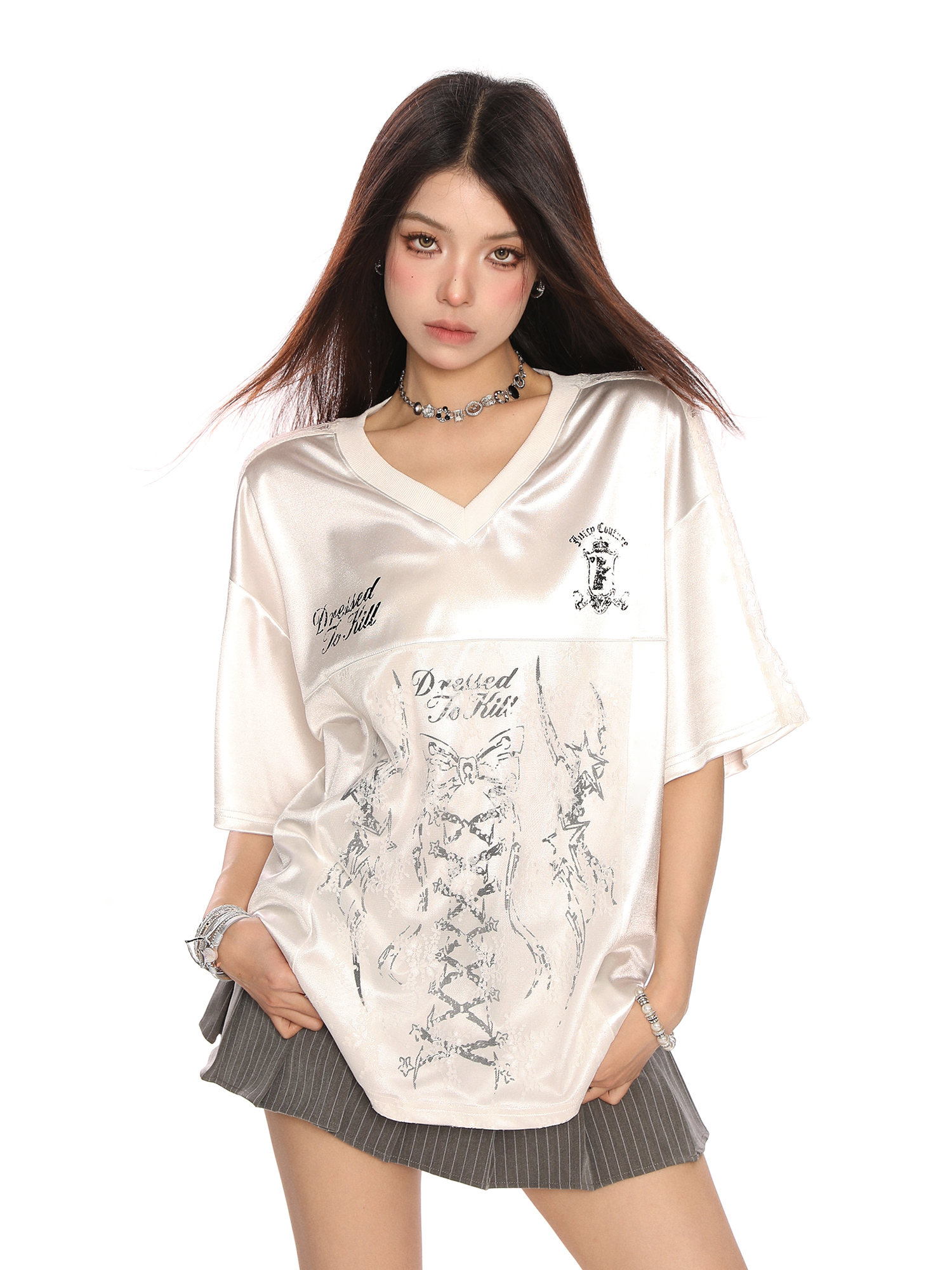 Ballet Style Satin Butterfly Lace Spliced Short Sleeve T-Shirt for Women - Summer Sweet Spicy Slim Fit Jersey, Y2K Fashion