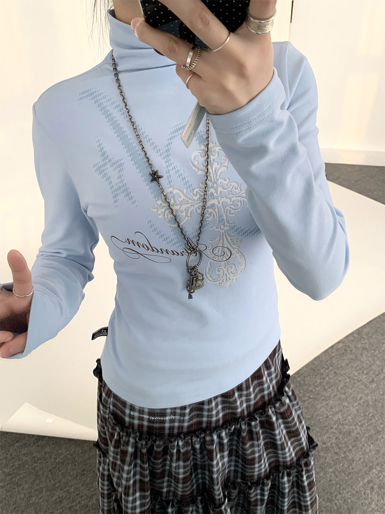 Basic Knitted Printed Slim-Fit Turtleneck Long Sleeve Top for Autumn Winter Layering - Trendy Knitwear Essential