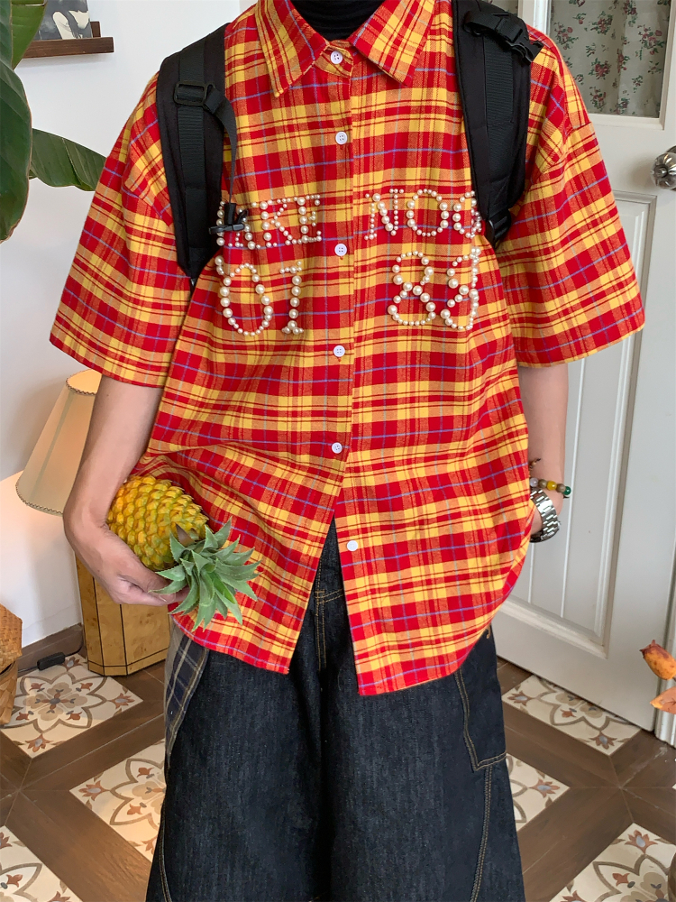 Beaded Plaid Shirt for Men and Women, Summer Loose Fit Couple Streetwear, Vintage Pearl Design, 90s Inspired Fashion