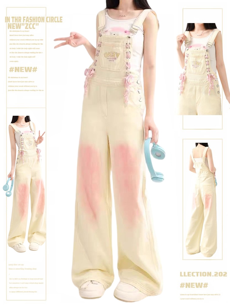 Beige Denim Overalls for Women - Trendy Loose Wide-Leg Jumpsuit, Autumn Winter Fashion, Casual 90s Style Fufu Design