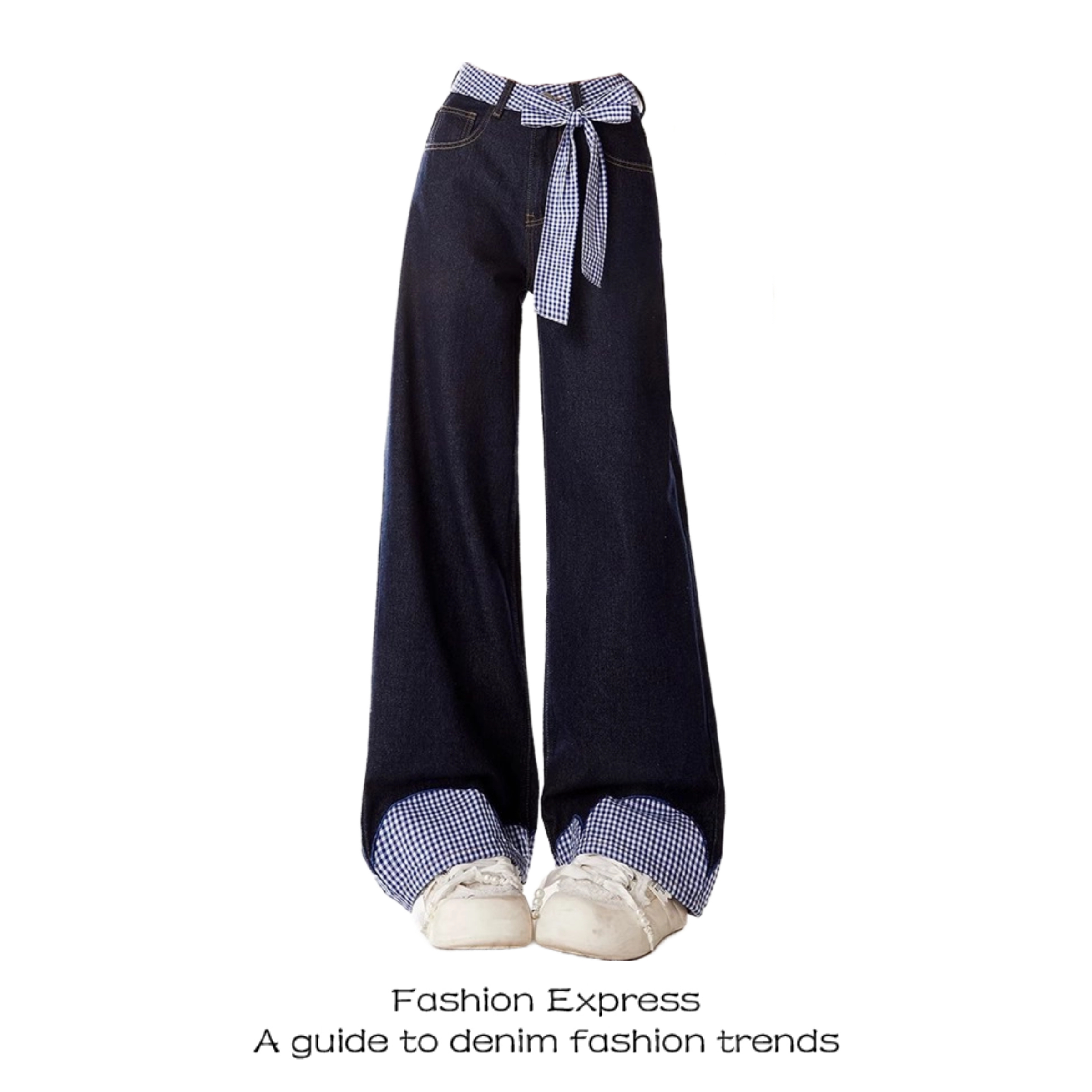 Belted Plaid Patchwork Bow Tie Denim Pants for Women - High-Waisted Loose-Fitting Wide-Leg Trousers, Spring Fashion 2023