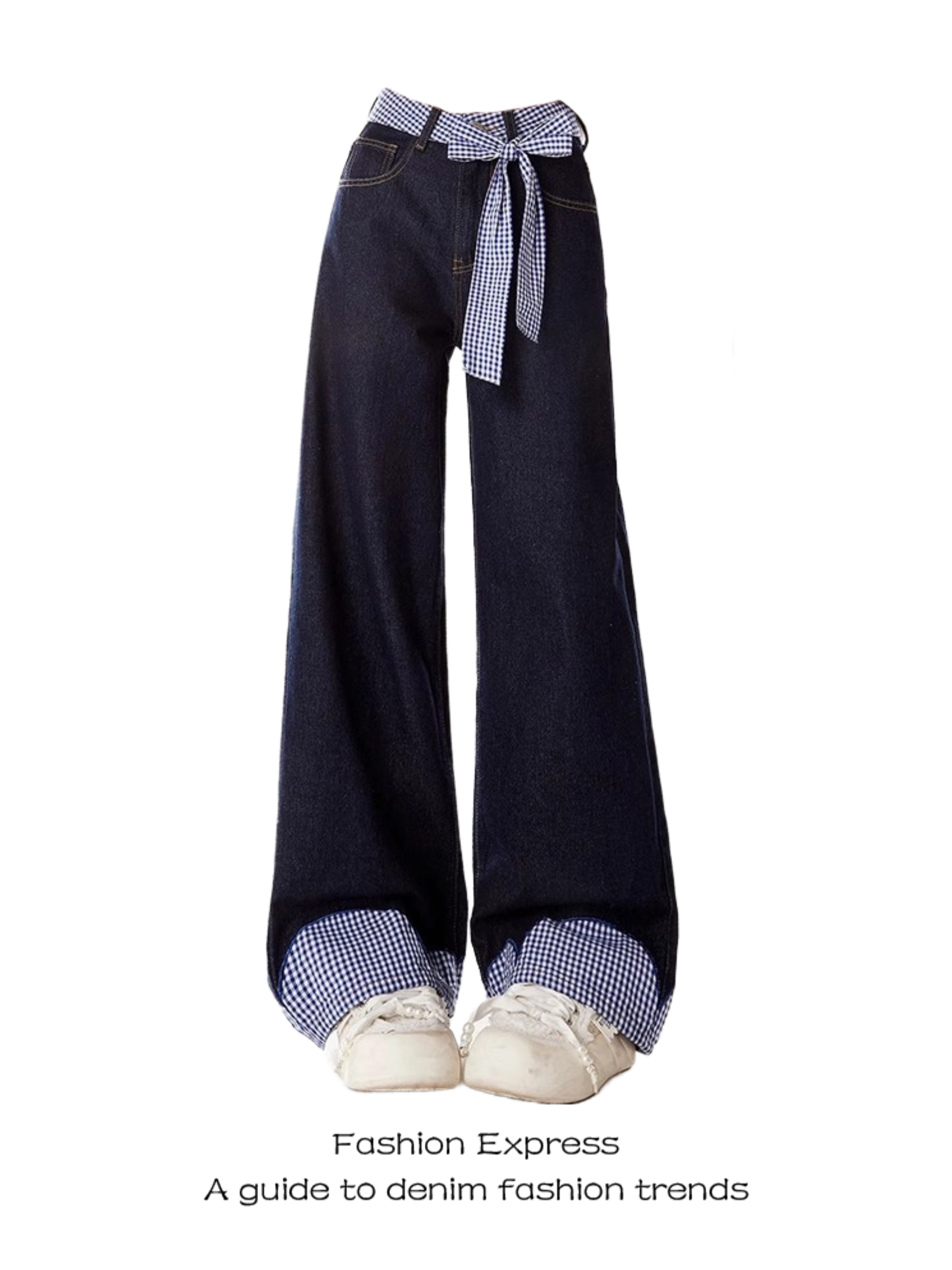 Belted Plaid Patchwork Bow Tie Denim Pants for Women - High-Waisted Loose-Fitting Wide-Leg Trousers, Spring Fashion 2023