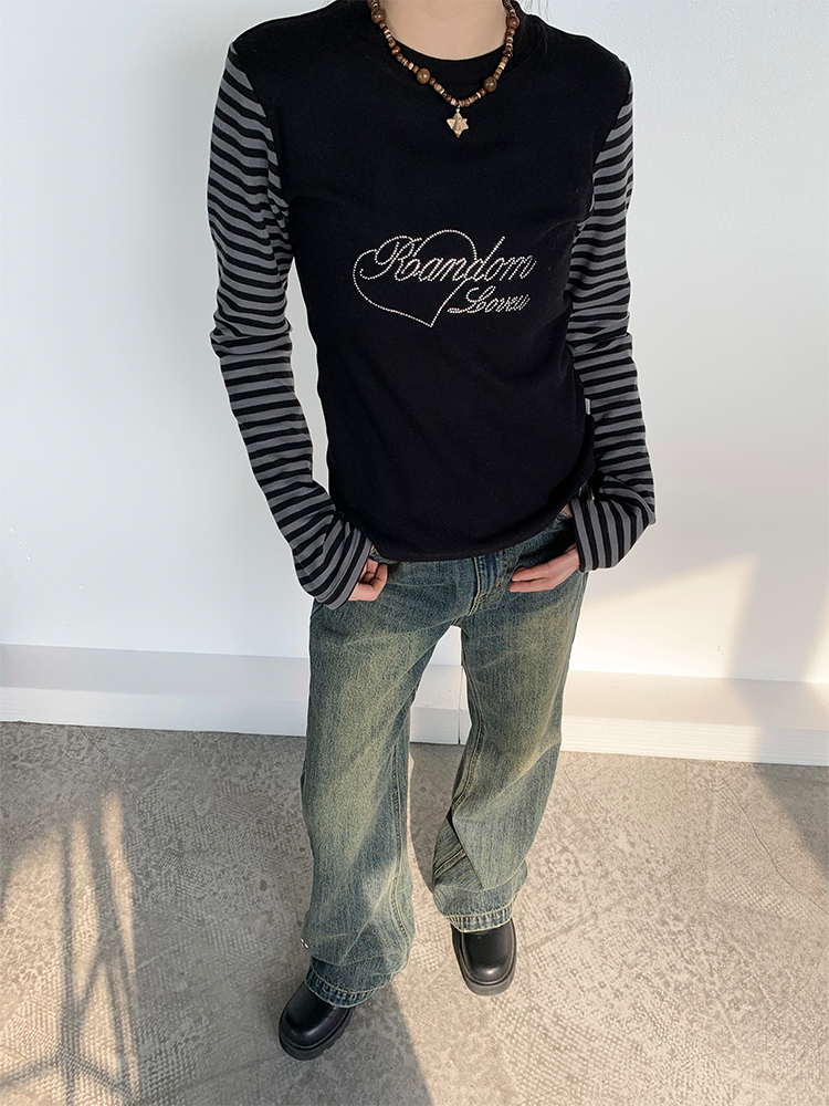 Black and Gray Color-Blocked Striped Casual Slim-Fit Knitted Long Sleeve Top Tee for Y2K and 90s Style Fashion