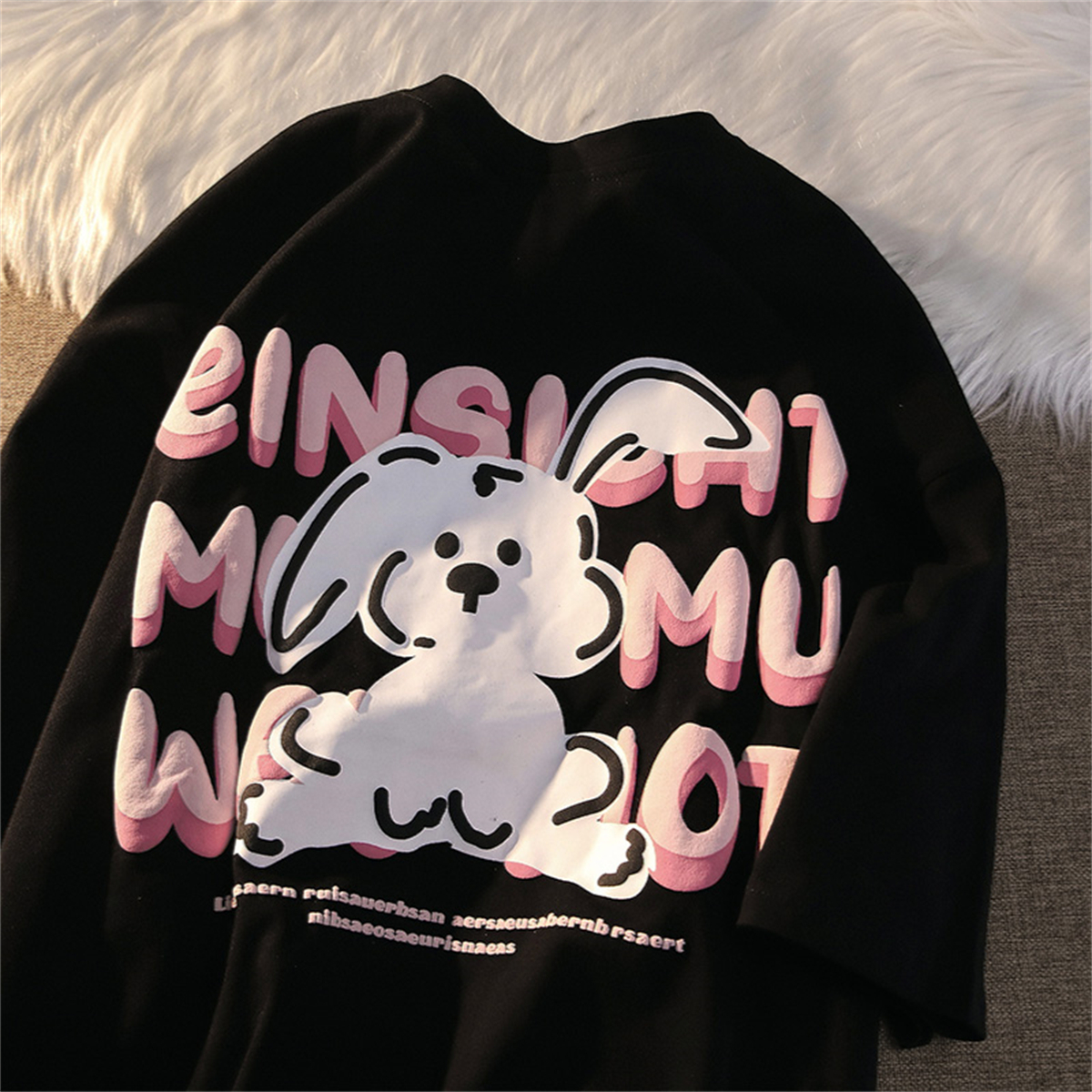 Black and White Color-Blocked Short Sleeve T-Shirt for Men and Women, Plus Size, Loose-Fitting, Pure Cotton, Rabbit Print, Couple Style