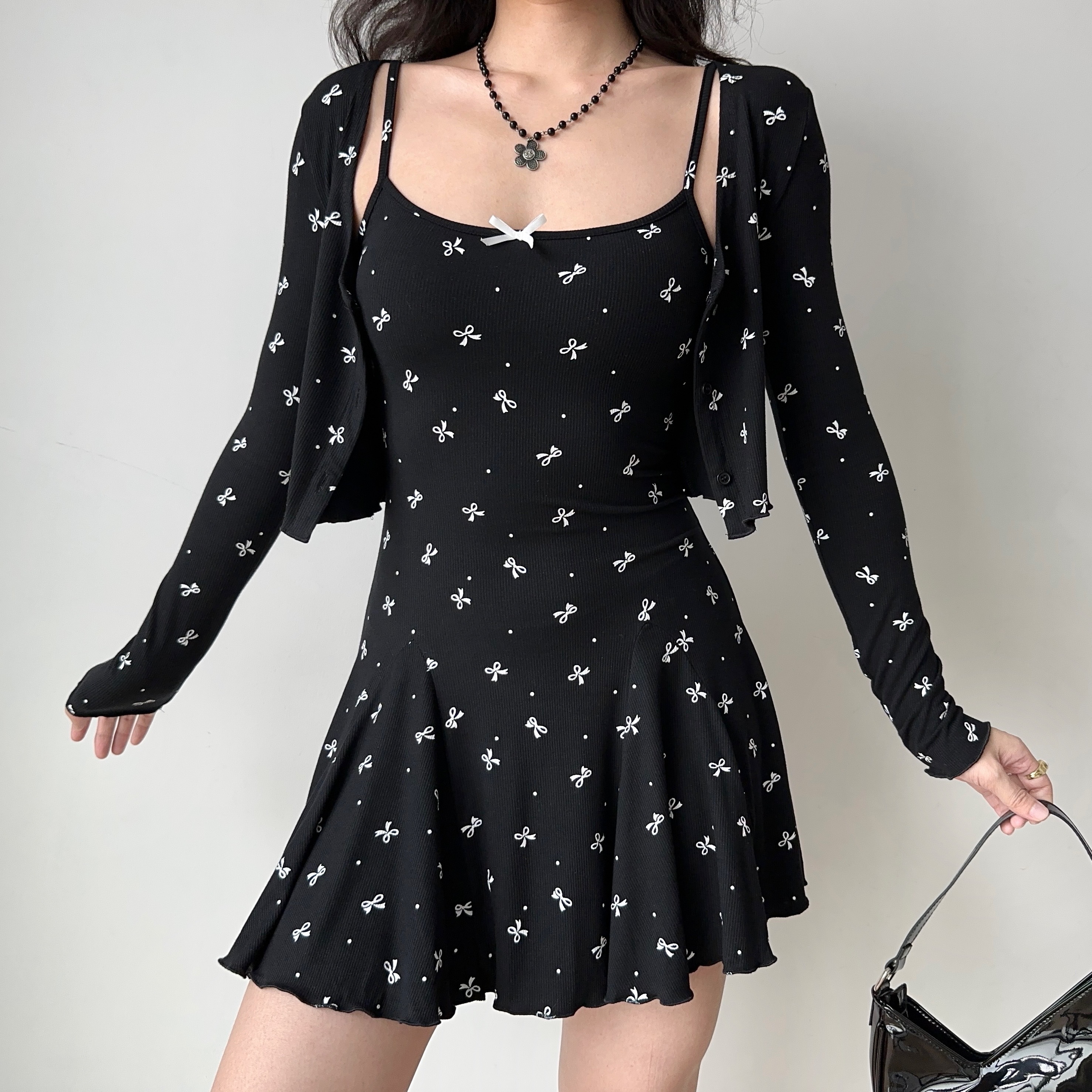 Black Bow Tie Camisole Dress Cardigan Two-Piece Set - Women's A-Line Short Skirt, European American Style, Chic Casual Fashion