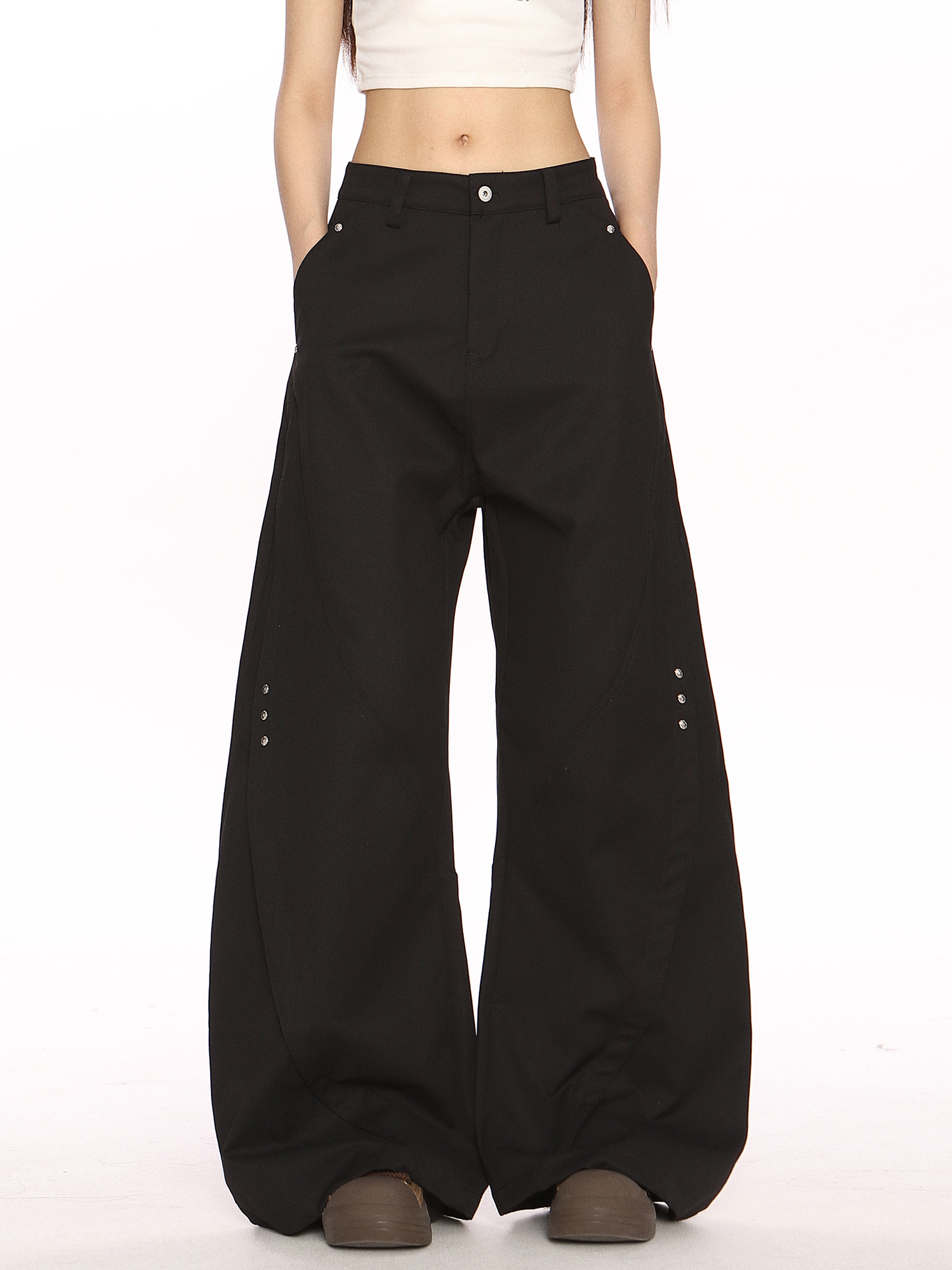 Black Deconstructed Curved Blade Wide-Leg Pants - Trendy High-End Casual Trousers for Women, Floor-Length Niche Design Fashion