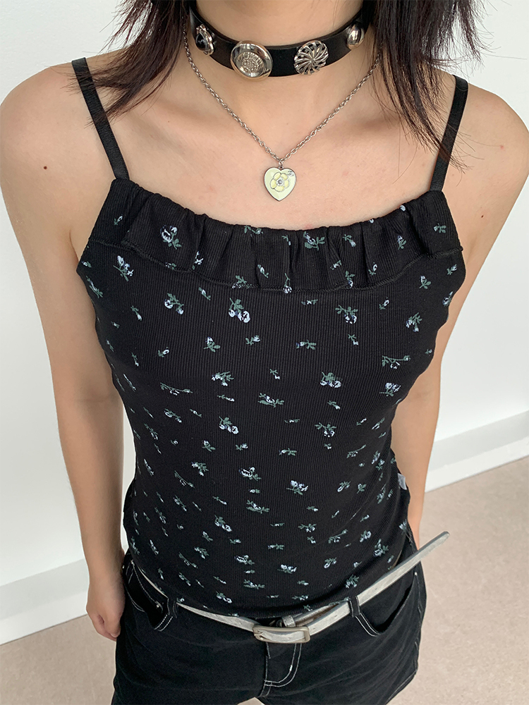 Black Floral Ruffled Strap Tank Top - Casual Fitted Vest for Summer 2024, Perfect for Y2K and 90s Style Fashion
