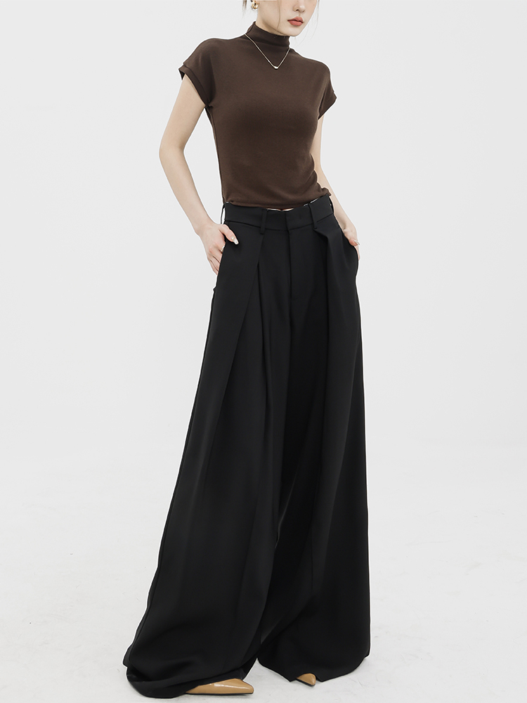 Black High-Waisted Wide-Leg Suit Pants for Women - Thin Draped Floor-Length Design, 2025 Summer Fashion Essential