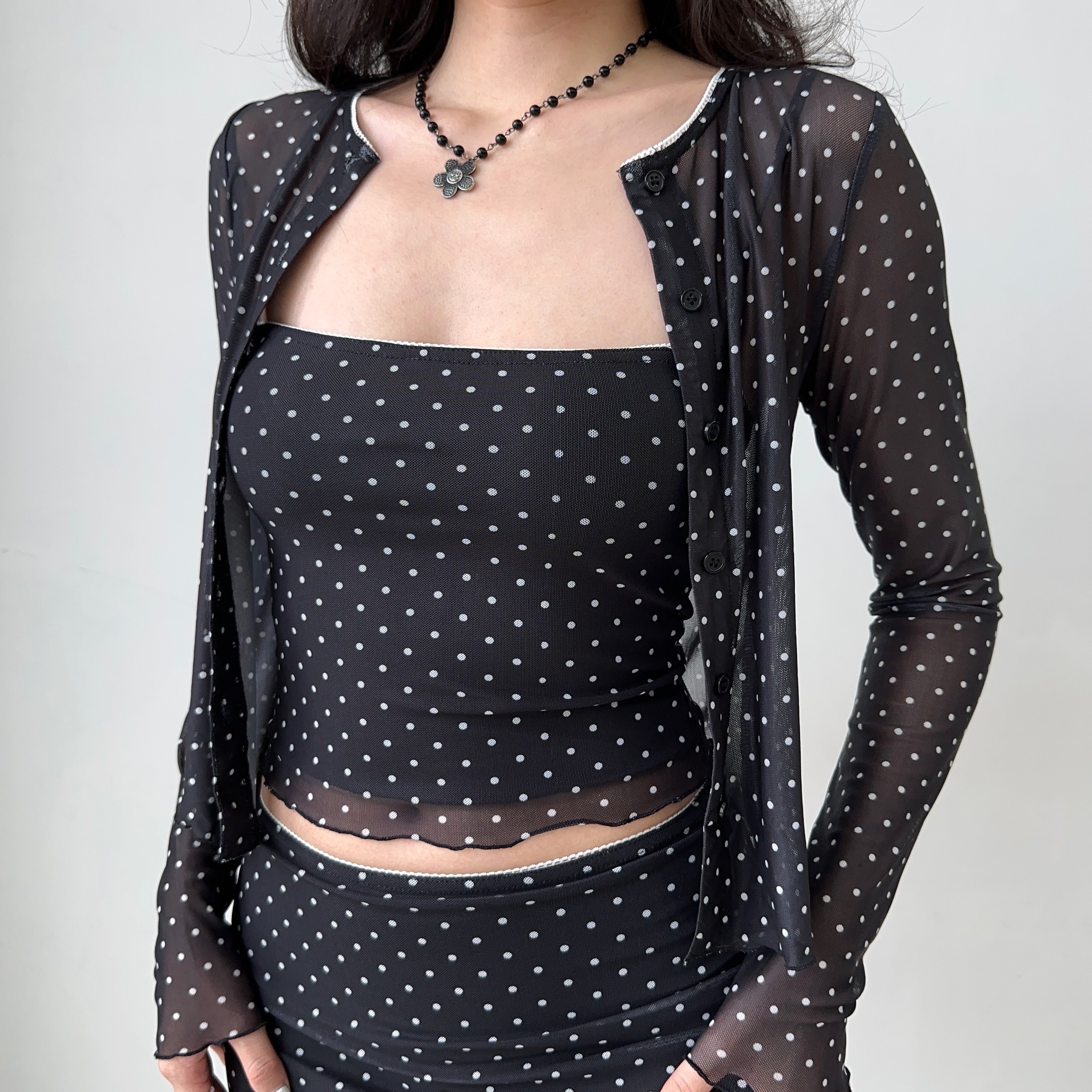 Black Polka Dot Mesh Cardigan and High-Waisted Skirt Set for Women - European American Style, Chic Layering Outfit