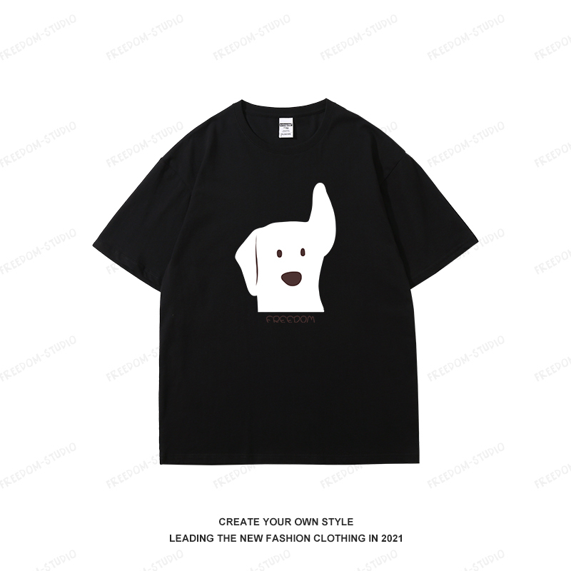 Black Short Sleeve Women's T-shirt with Cartoon Little White Dog Print - Summer 2025 Loose Fit Cotton Top for Casual Style