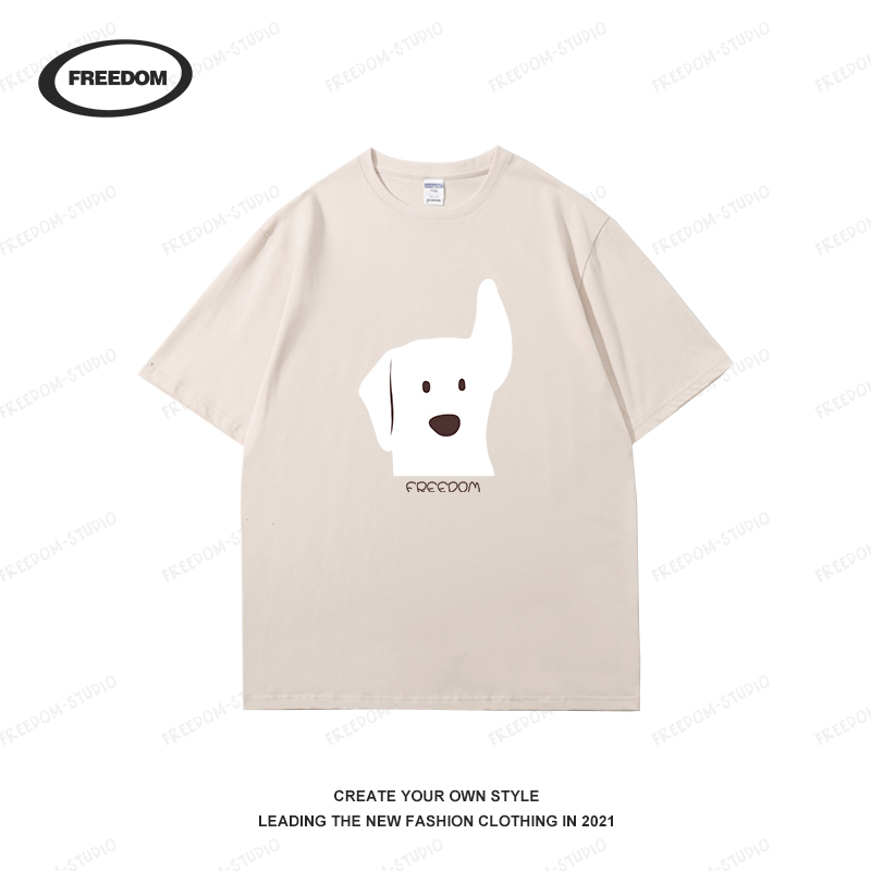 Black Short Sleeve Women's T-shirt with Cartoon Little White Dog Print - Summer 2025 Loose Fit Cotton Top for Casual Style