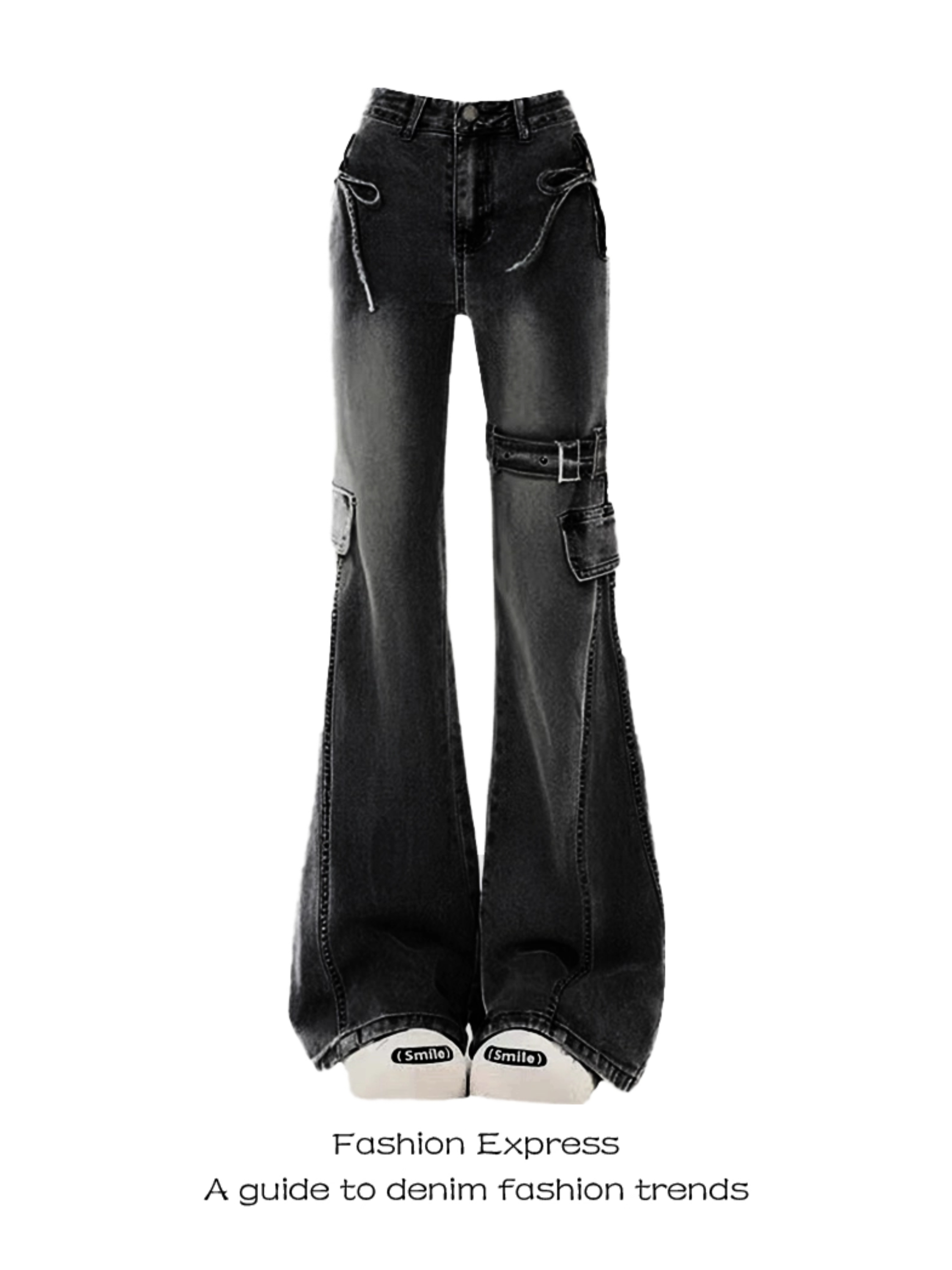 Black Skinny Jeans with Bow Detail for Women - Retro Flared Pants, Slim Fit, Height-Enhancing, 2025 Spring & Autumn Fashion
