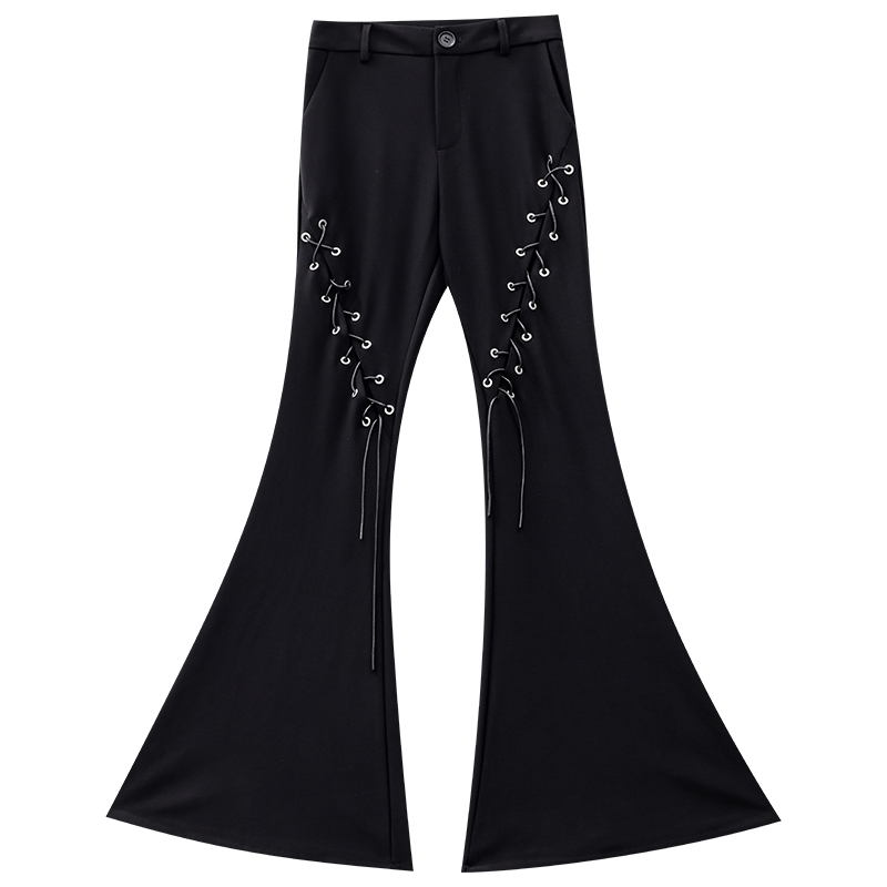 Black Strap Flared Pants for Women with Hollow Design, Slim Fit, and Flattering Flare - Y2K Inspired Fashion