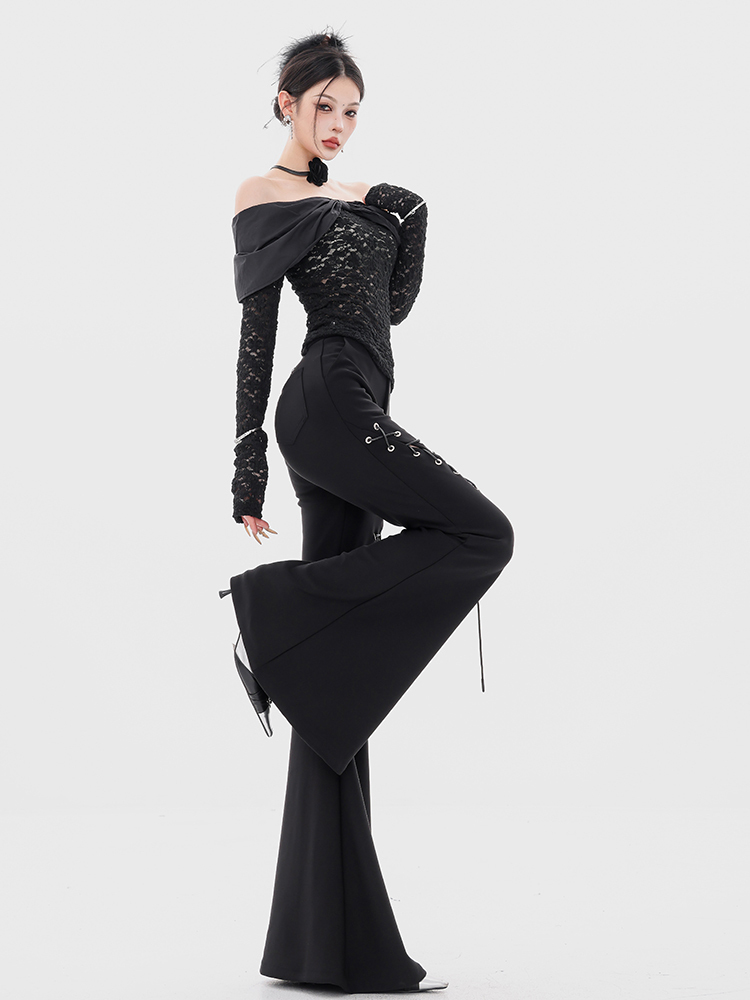 Black Strap Flared Pants for Women with Hollow Design, Slim Fit, and Flattering Flare - Y2K Inspired Fashion
