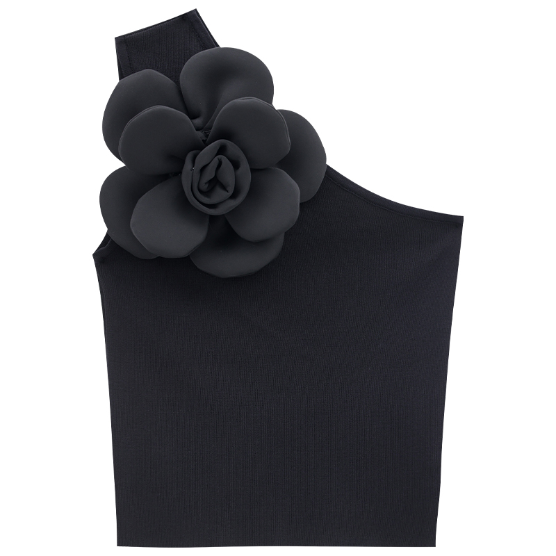 Black Three-Dimensional Flower Decorative Vest Top for Women - Slim Fit Strapless Summer Style