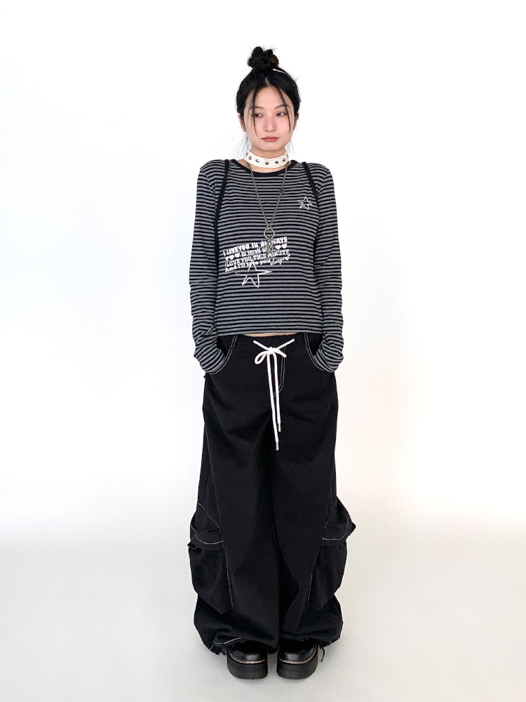 Black Wide-Leg Cargo Pants for Women with Drawstring - Casual Elastic Plaid Trousers, Autumn & Winter Fashion