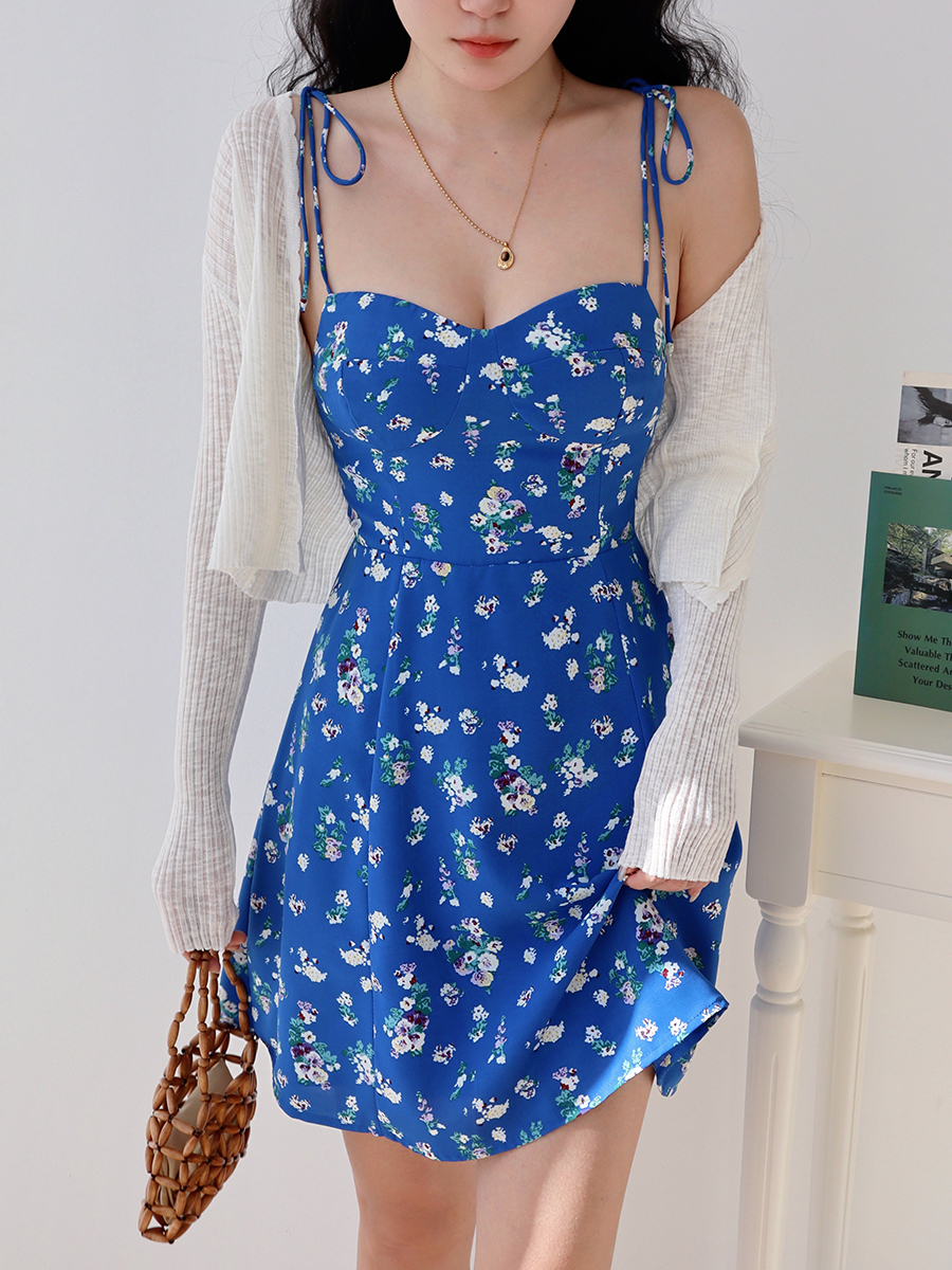 Blue Floral Spaghetti Strap Dress for Women - Summer A-Line Shoulder Tie Vacation Style, European American Fashion