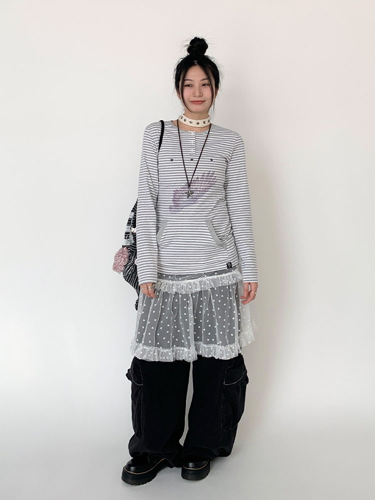 Blue-Grey Striped Long Sleeve T-Shirt with Small Wings Print - Slim Fit Round Neck Women's Tee for Spring 90s Y2K Style