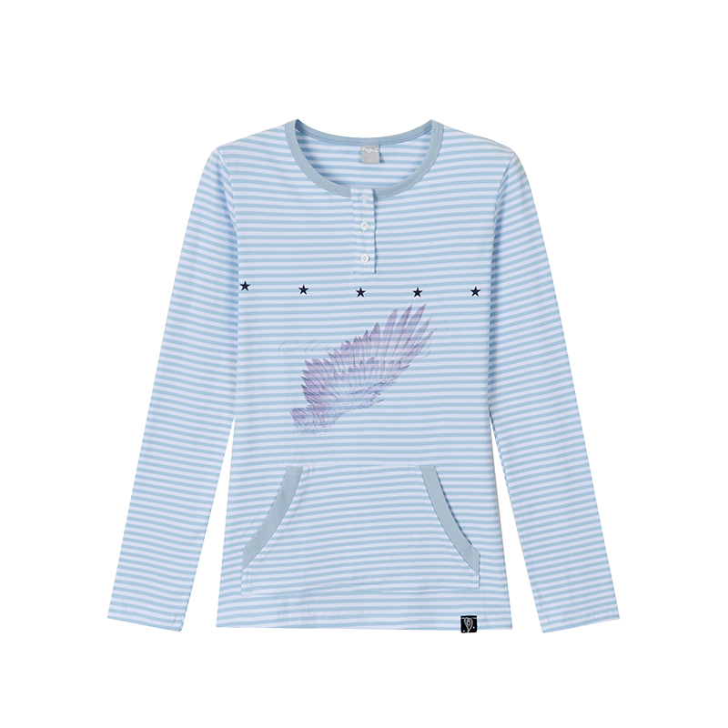 Blue-Grey Striped Long Sleeve T-Shirt with Small Wings Print - Slim Fit Round Neck Women's Tee for Spring 90s Y2K Style