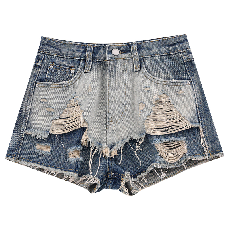 Blue Mood Elf Vintage Distressed Patchwork Washed Denim Shorts for Women - Retro American Style Fashion