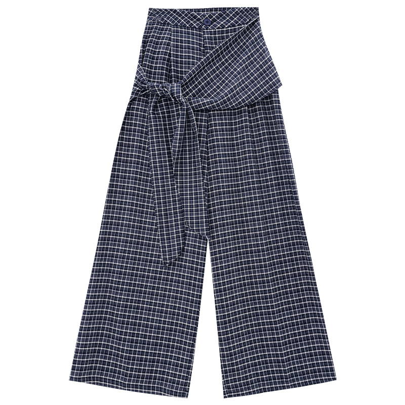 Blue Plaid Loose Wide-Leg Pants for Women with Tie Design - Casual Floor-Length Trousers in 90s Style
