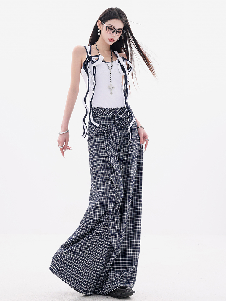 Blue Plaid Loose Wide-Leg Pants for Women with Tie Design - Casual Floor-Length Trousers in 90s Style