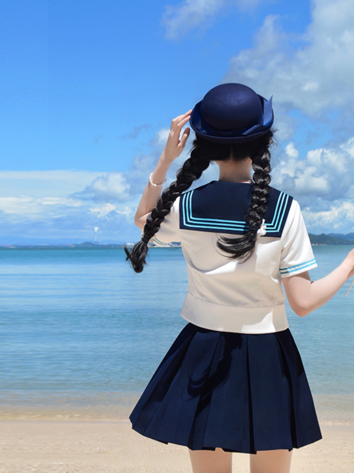Blue Sailor Suit Women's College Style Waist-Defined Shirt - Japanese JK Uniform with Machida Pudding Bear Design for Summer