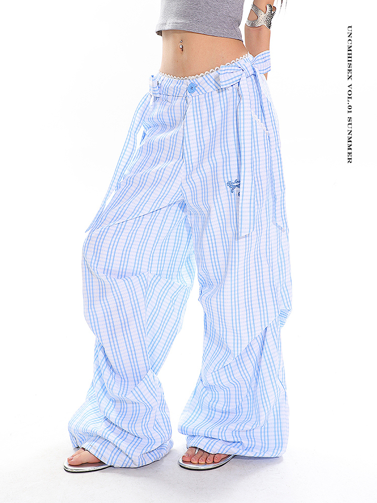 Blue Striped Bow Casual Wide-Leg Pants for Women - Summer Spliced Lace Design, Trendy 90s Inspired Straight-Leg Style