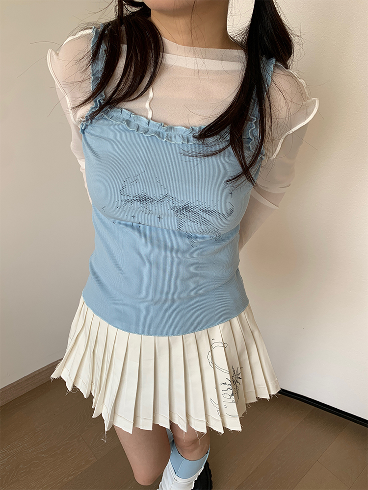 Blue Vintage Bow Print Slim Fit Casual Lace Knitted Tank Top for Spring Summer - Stylish 90s Inspired Fashion Essential