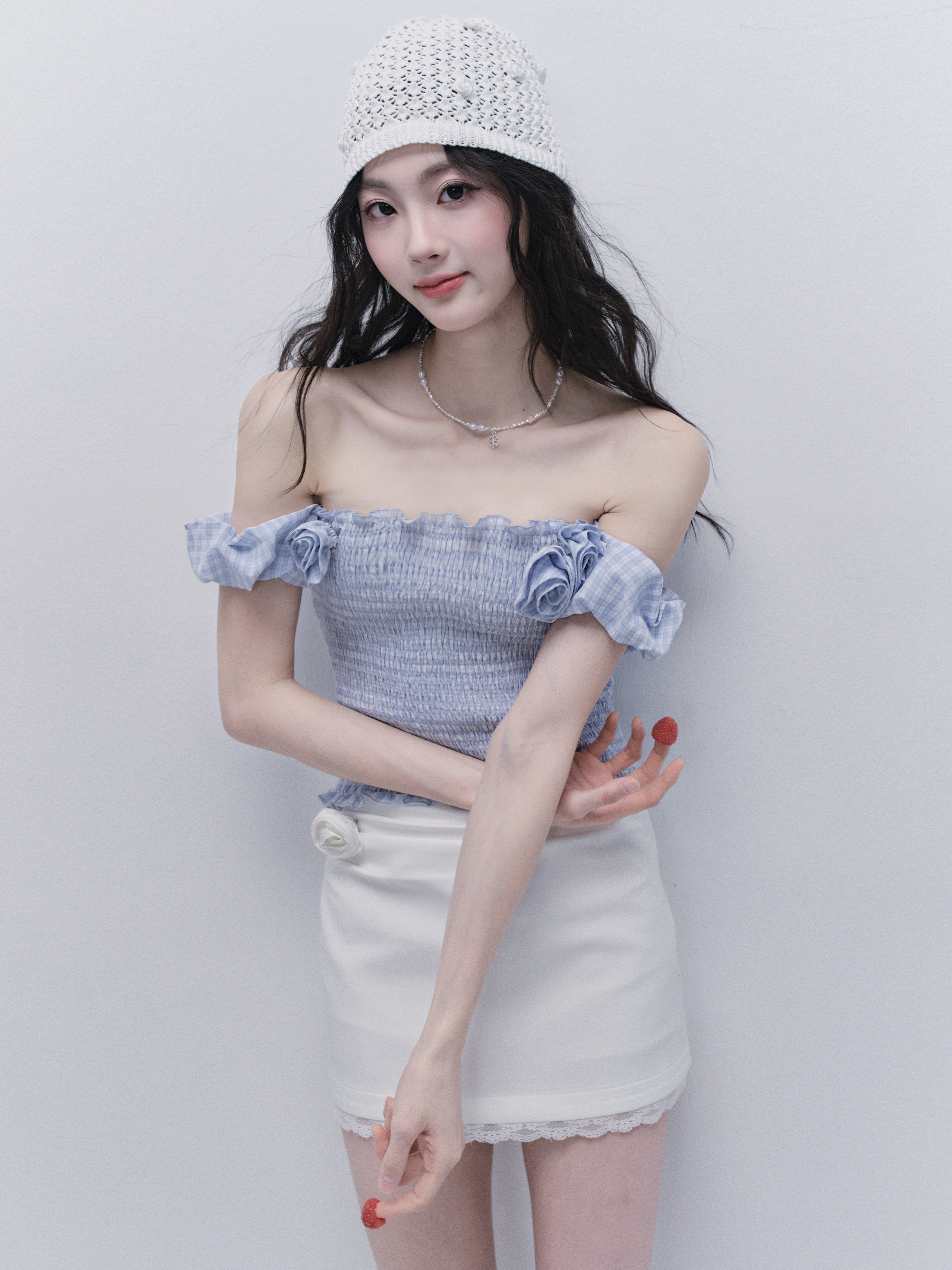 Blueberry Mini Cake Puff Sleeve Off-Shoulder Top - Sweet Rose Design, Perfect for Summer, Y2K Style, Festival Wear
