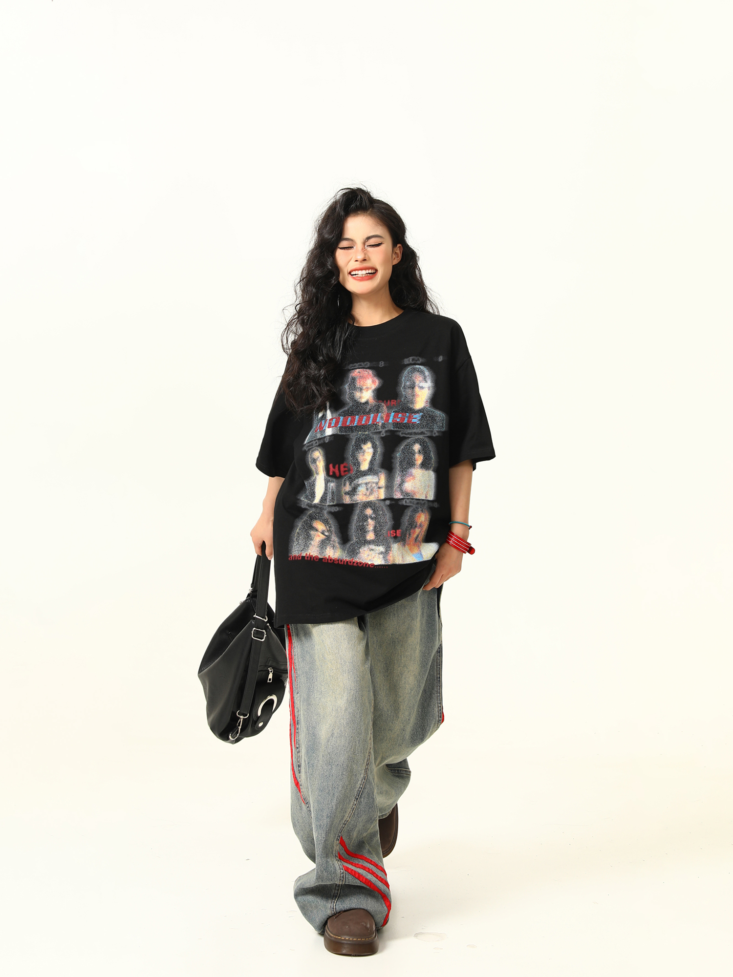 Blurred Portrait Print Vintage Floral Short Sleeve T-Shirt for Women - American Retro Style, Trendy Gray Tee