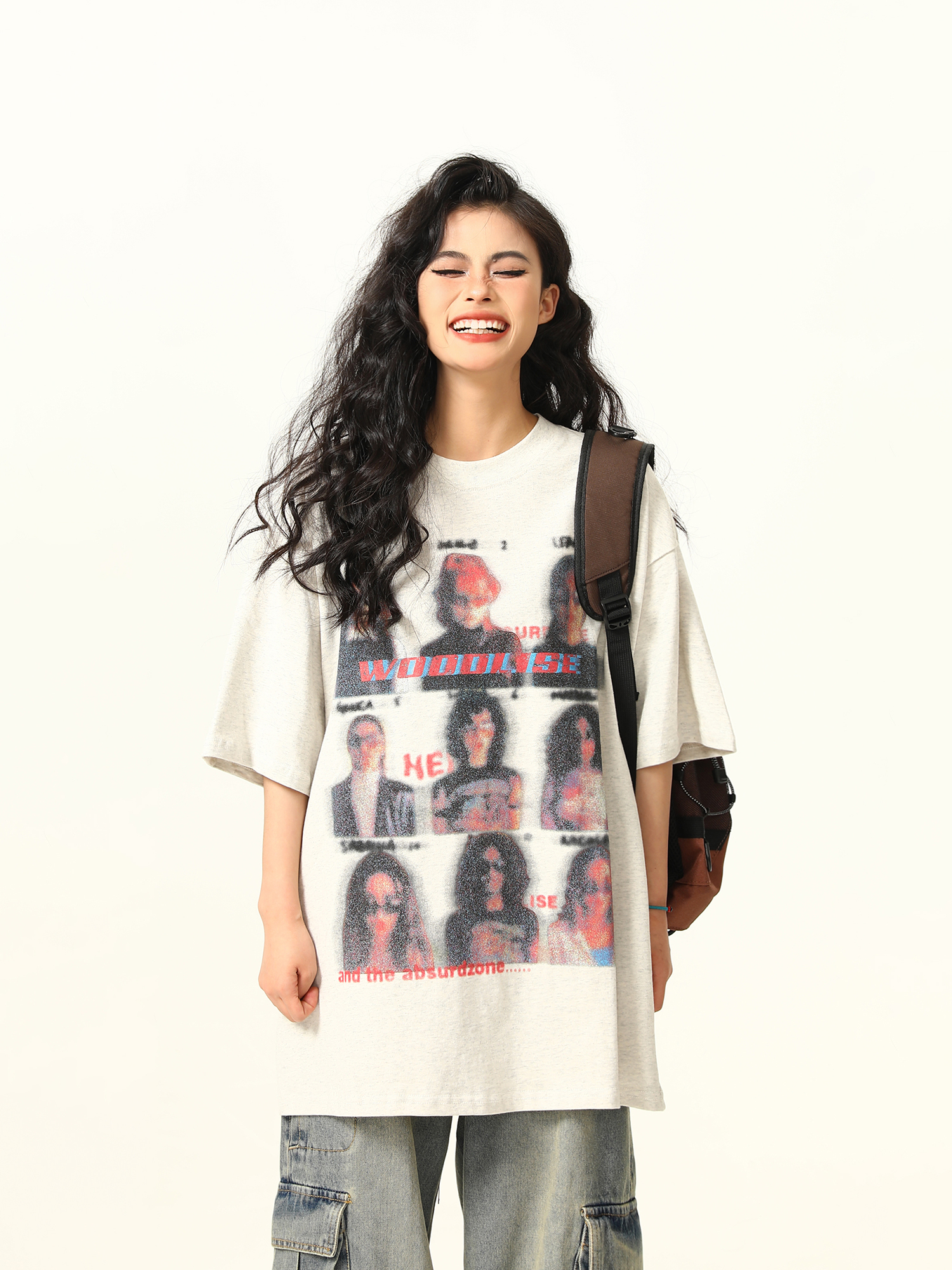 Blurred Portrait Print Vintage Floral Short Sleeve T-Shirt for Women - American Retro Style, Trendy Gray Tee