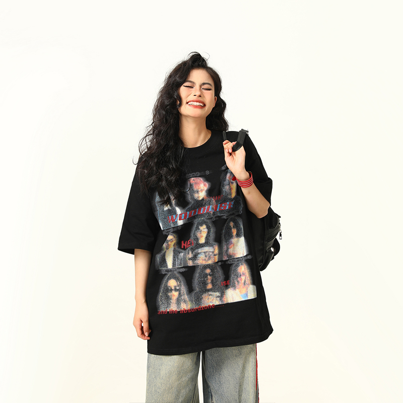 Blurred Portrait Print Vintage Floral Short Sleeve T-Shirt for Women - American Retro Style, Trendy Gray Tee