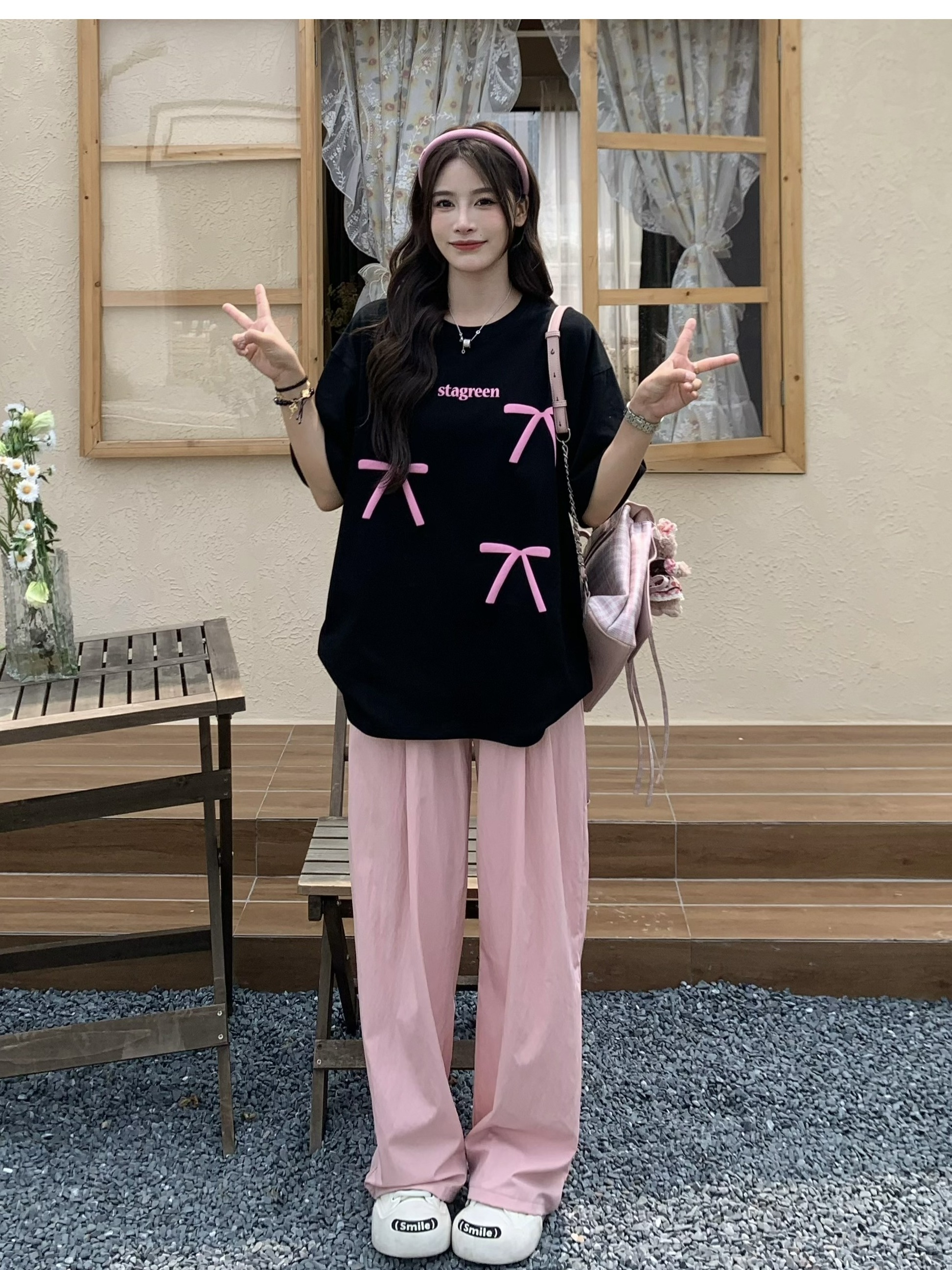 Bow Round Neck Short Sleeve T-shirt for Women - Summer Loose Versatile Sweet Top - 90s Style Sisters Design