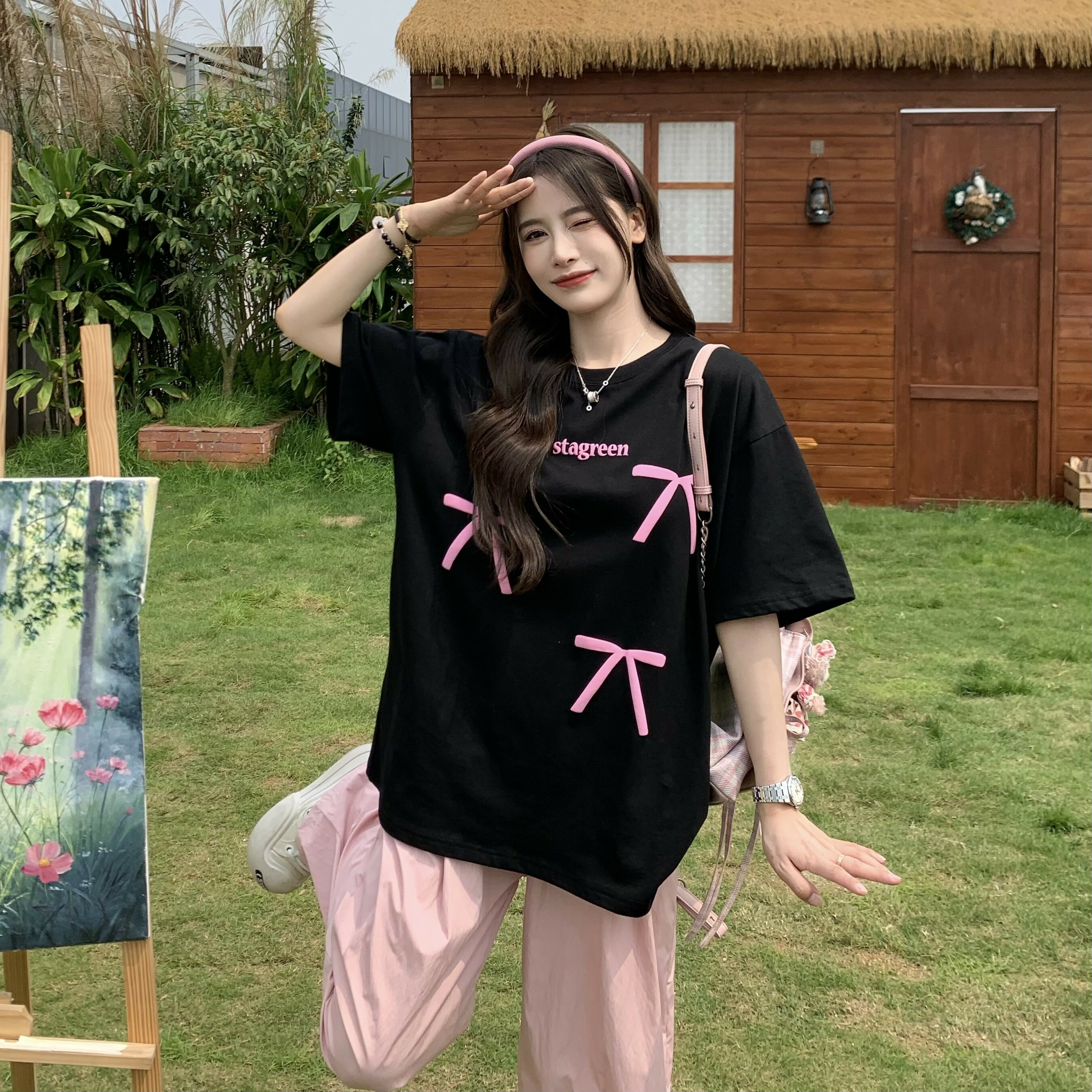 Bow Round Neck Short Sleeve T-shirt for Women - Summer Loose Versatile Sweet Top - 90s Style Sisters Design