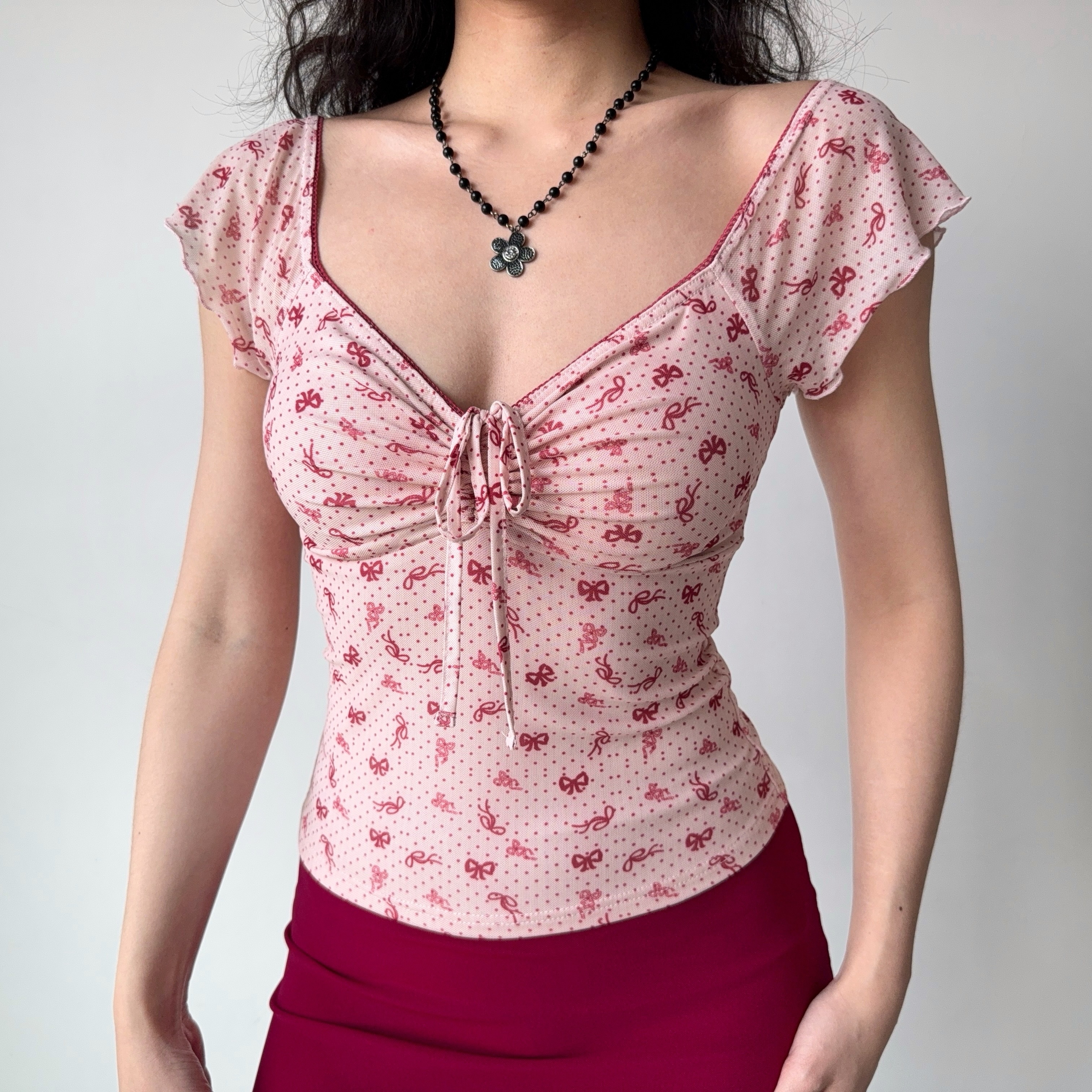 Bowknot Printed V-Neck Short Sleeve Mesh T-Shirt for Women - Slim Fit European American Style Summer Top