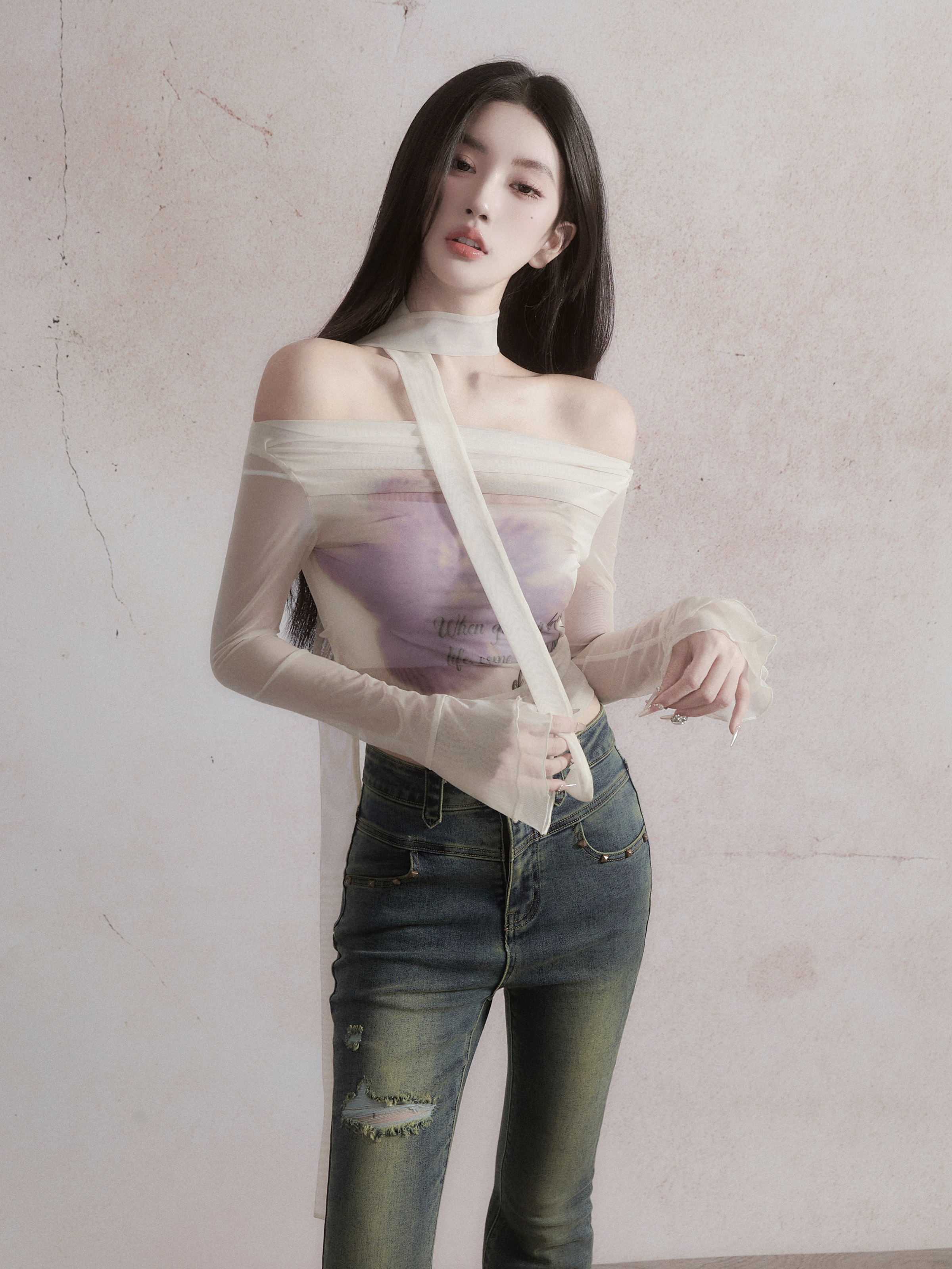 Broken Rose Mesh One-Shoulder Purple Floral Long Sleeve T-Shirt - Summer 90s Style Top