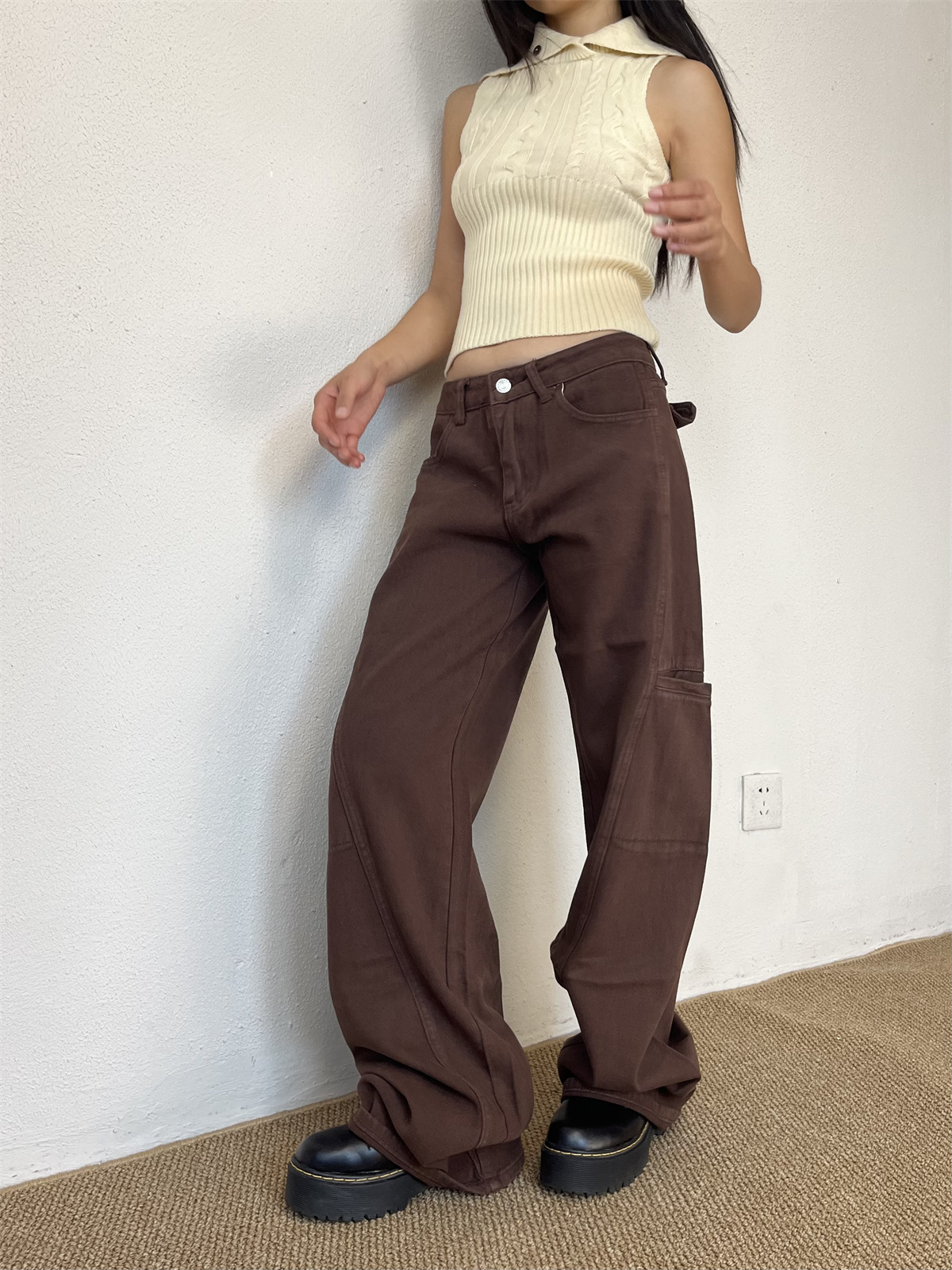 Brown Straight-Leg Floor-Length Jeans for Women - Slim Fit American High Street Style, Trendy 90s-Inspired Fashion Pants