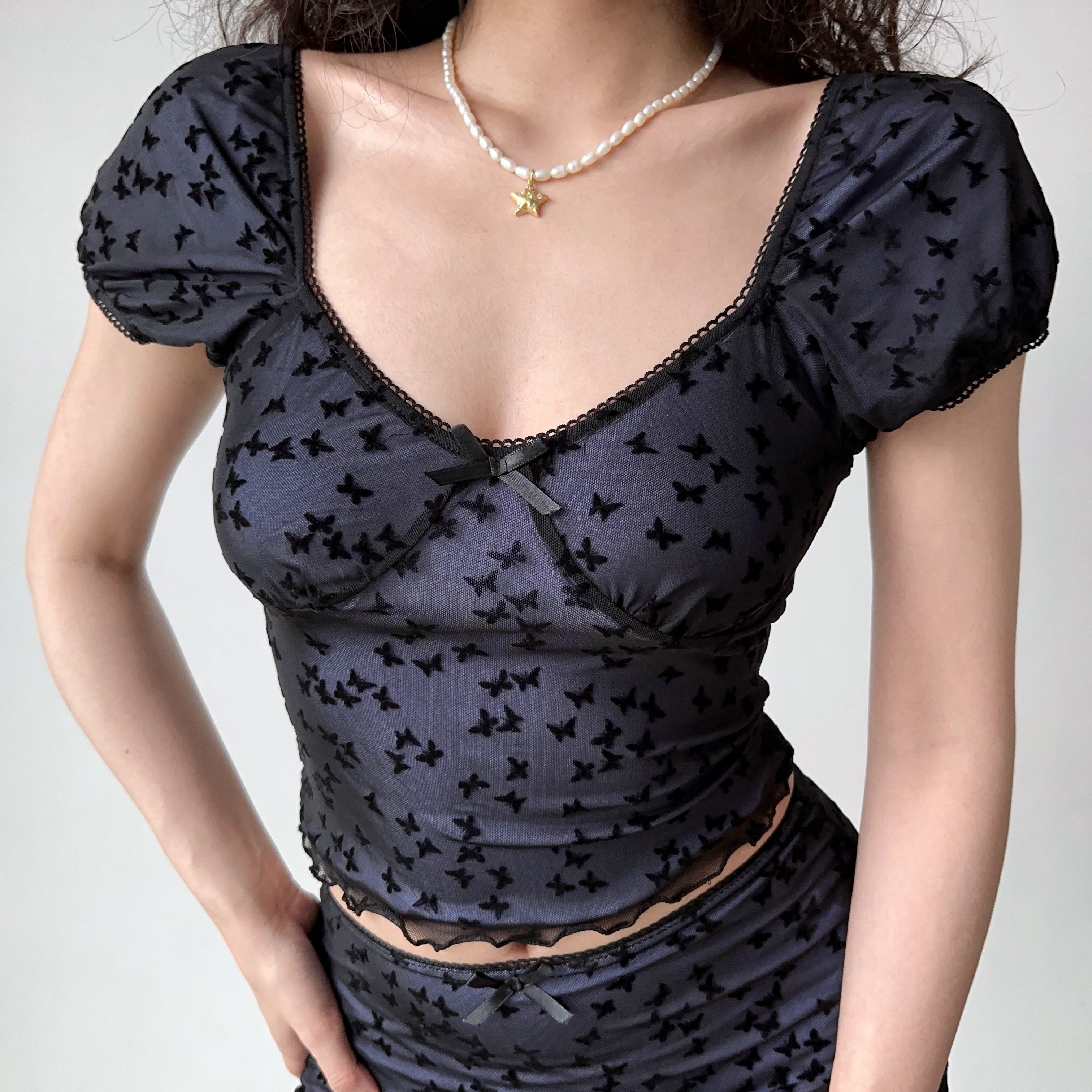 Butterfly Mesh Short Sleeve Top & Bodycon Skirt Two-Piece Set - DIY European & American Style Women’s Fashion
