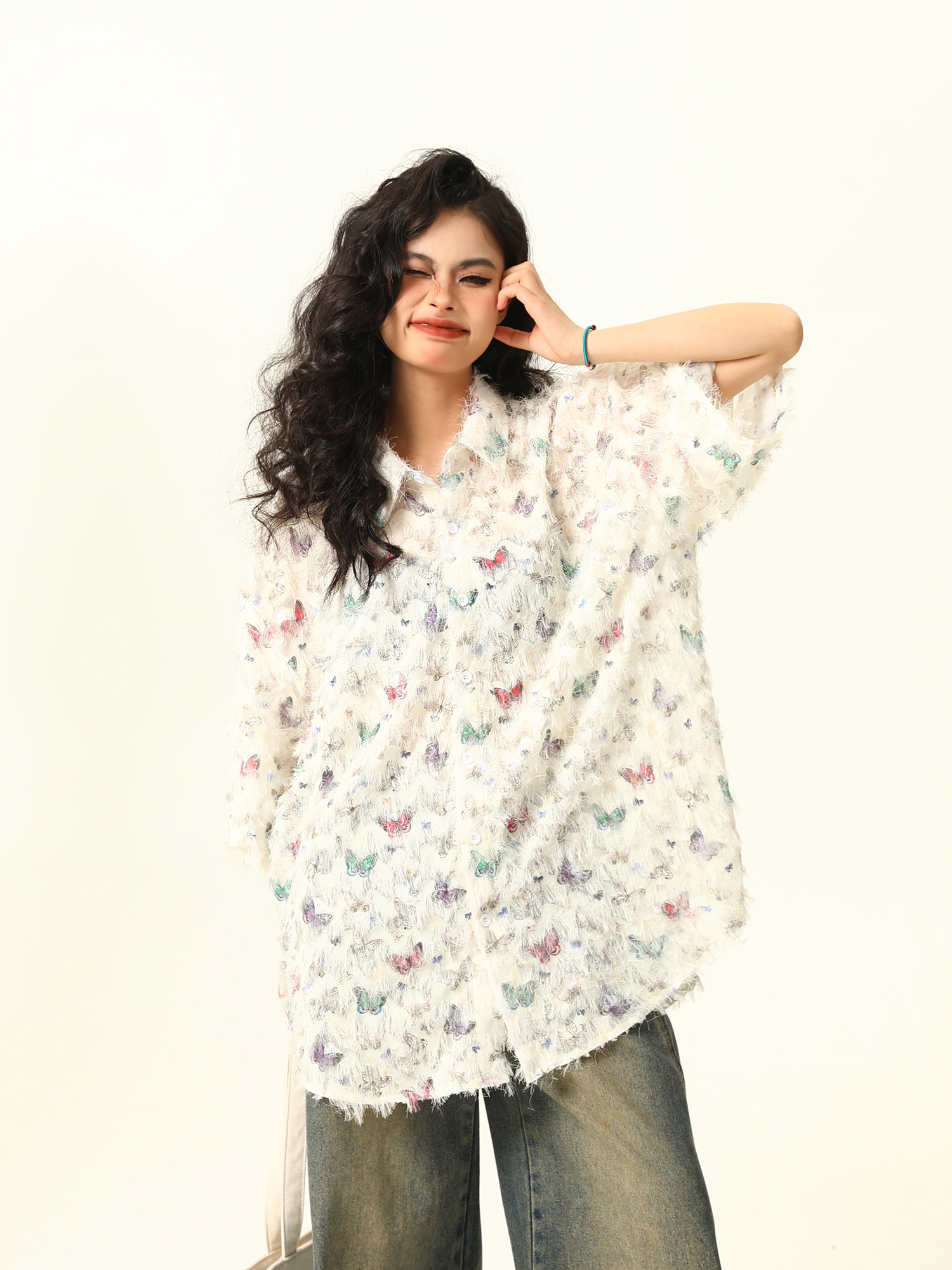 Butterfly Tassel Short Sleeve Shirt for Women - Trendy Loose Summer Blouse, 2025 Fashion, Y2K Style, Perfect for Summer Outfits