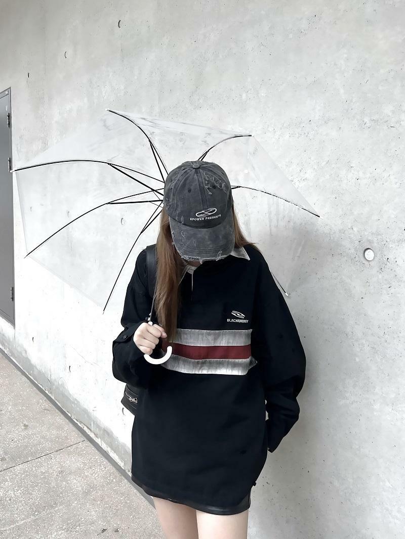 California Vintage Striped Spliced Polo Collar Sweatshirt - Unisex Long Sleeve, Versatile, Washable, American Dirty Dye Style