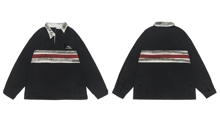 California Vintage Striped Spliced Polo Collar Sweatshirt - Unisex Long Sleeve, Versatile, Washable, American Dirty Dye Style