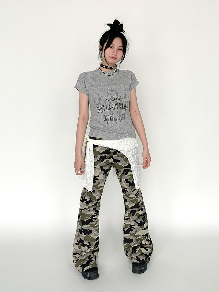 Camo Workwear Casual Split Slim-Fit Flared Wide-Leg Retro Chic Long Pants for Women - Trendy Y2K Fashion