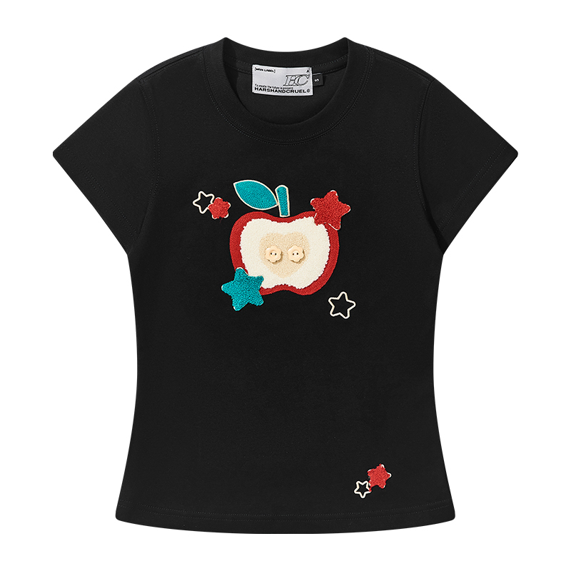 Cartoon Embroidered Plush Apple Stretchy Slim-Fit Round Neck Short Sleeve T-Shirt for Women - Y2K Style